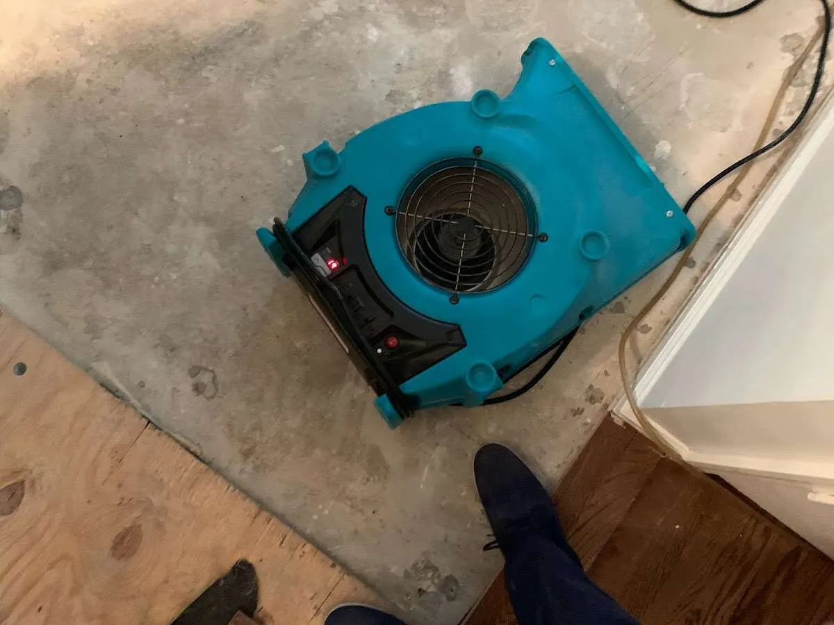 Air mover drying subfloor during Commercial Water Damage Restoration in Bangor
